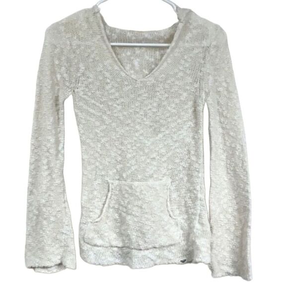 Roxy Beige Chunky Knit V-neck Hoodie Summer Sweater Hooded Poncho Slub Pullover - Picture 1 of 6